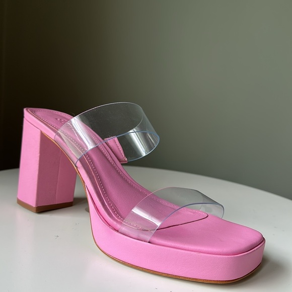Schutz Ariella Pink Rosa PVC Block Heel Y2K Sandal Open Toe Clear Straps New - Picture 3 of 17